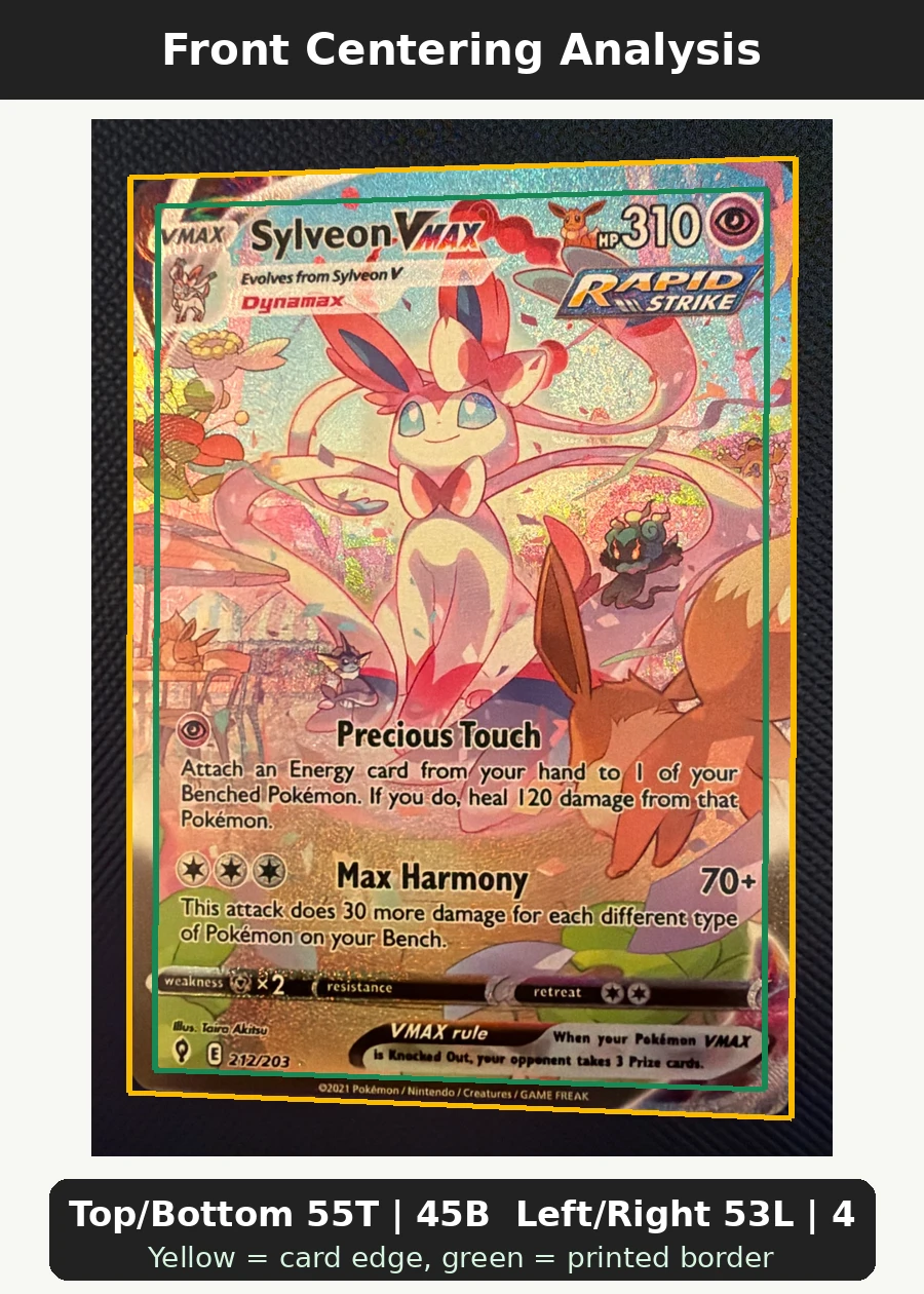 Sylveon VMAX 212/203 Evolving Skies front centering analysis showing Top/Bottom 55T | 45B and Left/Right 53L | 47R.