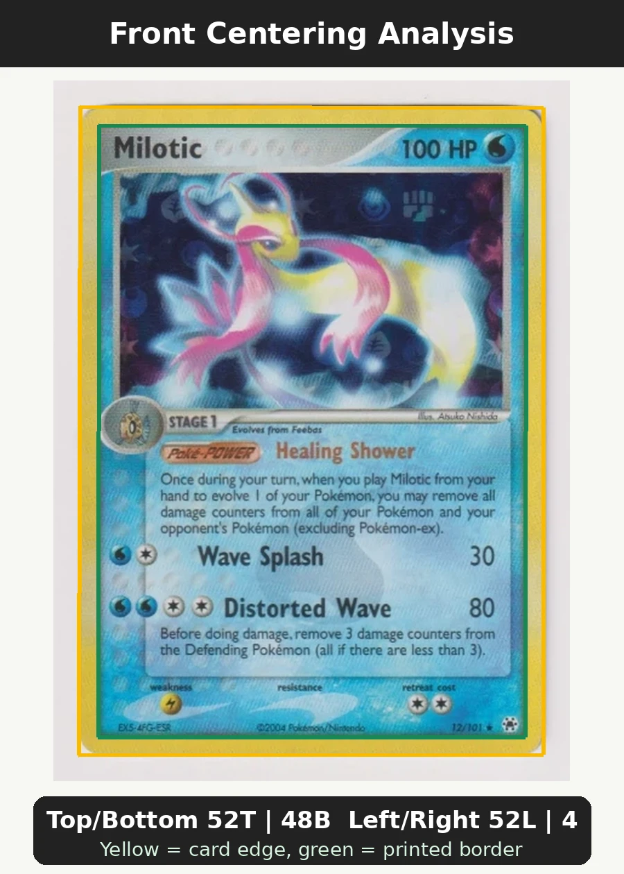 Milotic 012/101 Hidden Legends front centering analysis showing Top/Bottom 52T | 48B and Left/Right 52L | 48R.