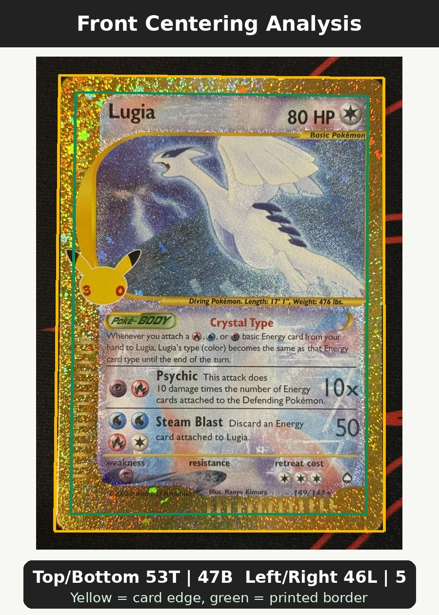 Lugia 029 30th Classic Collection front centering analysis showing Top/Bottom 53T | 47B and Left/Right 46L | 54R.