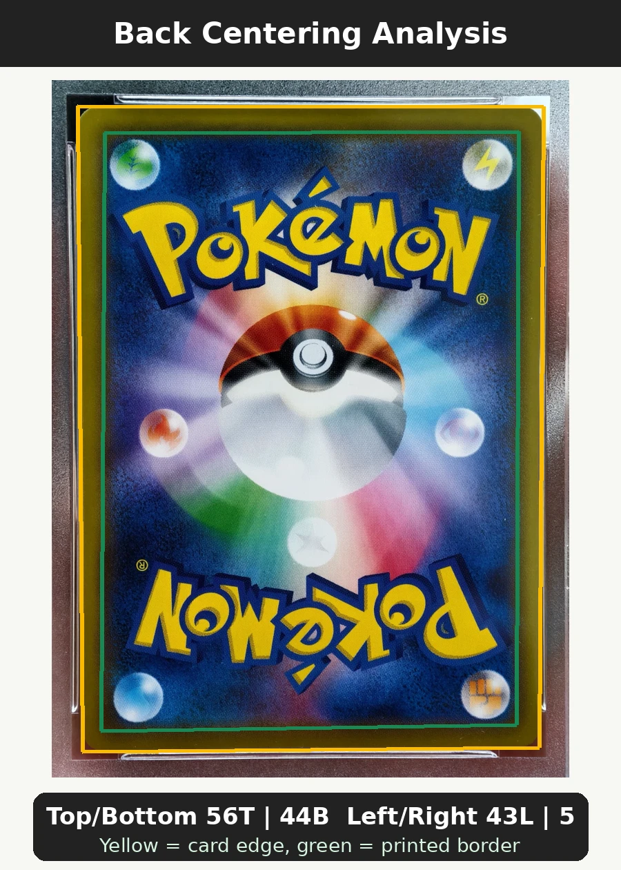 Umbreon & Darkrai GX 182/173 TAG TEAM GX Tag All Stars back centering analysis showing Top/Bottom 56T | 44B and Left/Right 43L | 57R.