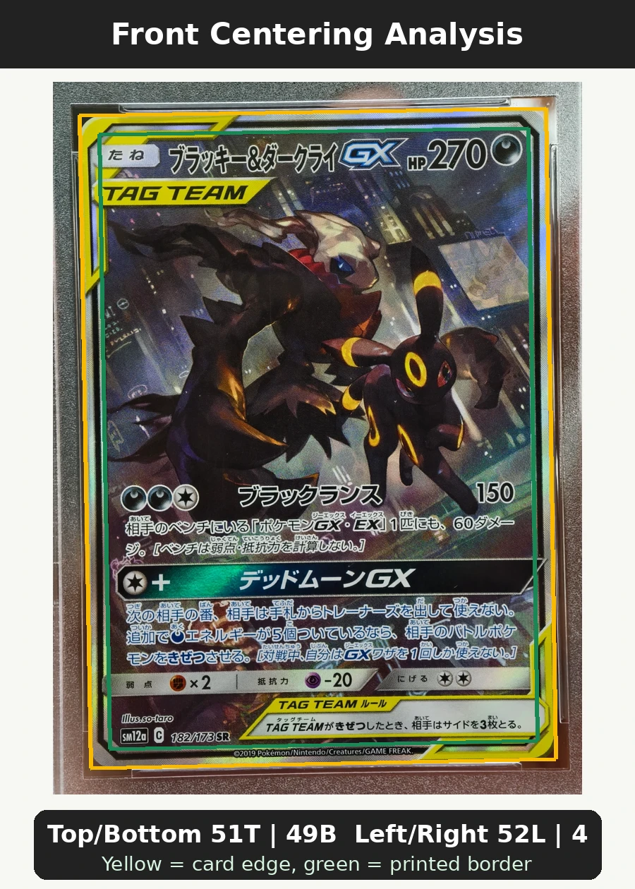 Umbreon & Darkrai GX 182/173 TAG TEAM GX Tag All Stars front centering analysis showing Top/Bottom 51T | 49B and Left/Right 52L | 48R.
