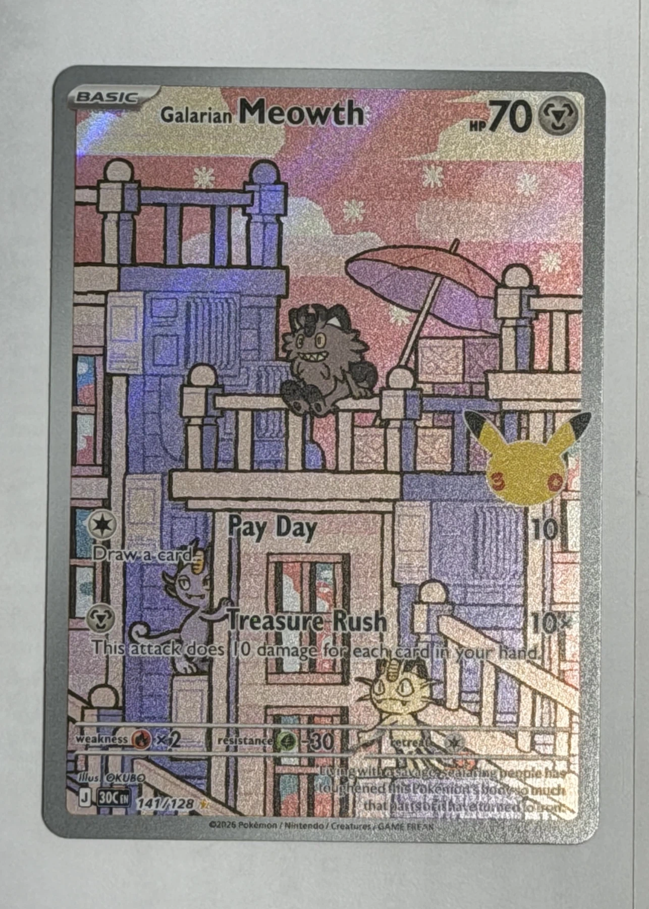 Galarian Meowth 141/128 30th Celebration front card photo in GradeValue pregrading report