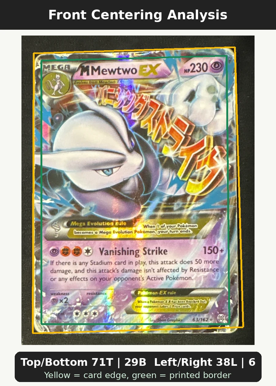 M Mewtwo EX 063/162 BREAKthrough front centering analysis showing Top/Bottom 71T | 29B and Left/Right 38L | 62R.