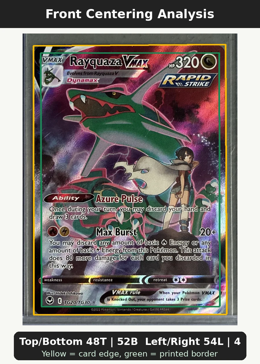 Rayquaza VMAX TG20/195 Silver Tempest front centering analysis showing Top/Bottom 48T | 52B and Left/Right 54L | 46R.