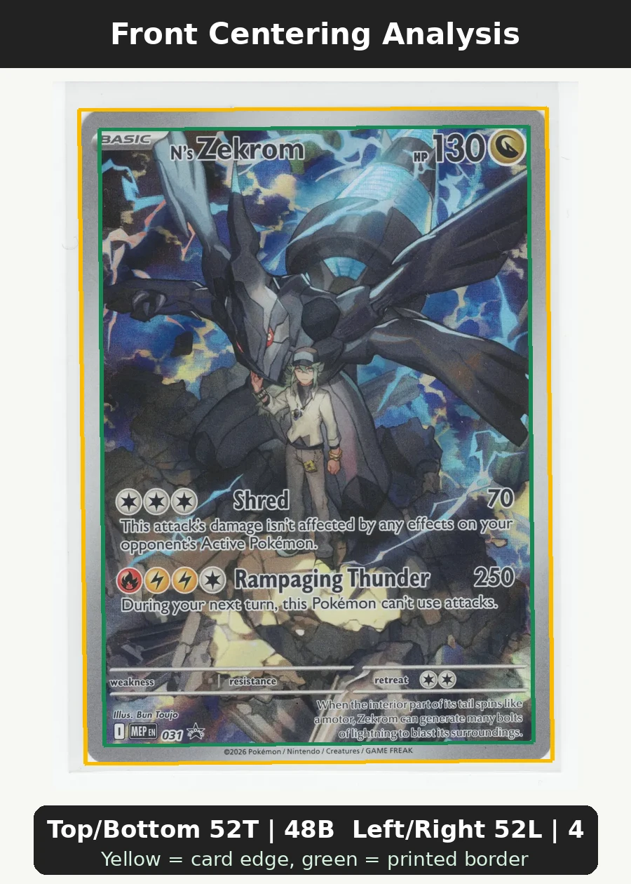 N's Zekrom 155/217 Ascended Heroes front centering analysis showing Top/Bottom 52T | 48B and Left/Right 52L | 48R.