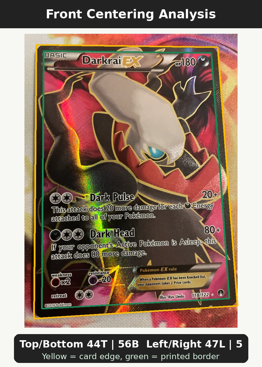 Darkrai EX 118/122 BREAKpoint front centering analysis showing Top/Bottom 44T | 56B and Left/Right 47L | 53R.