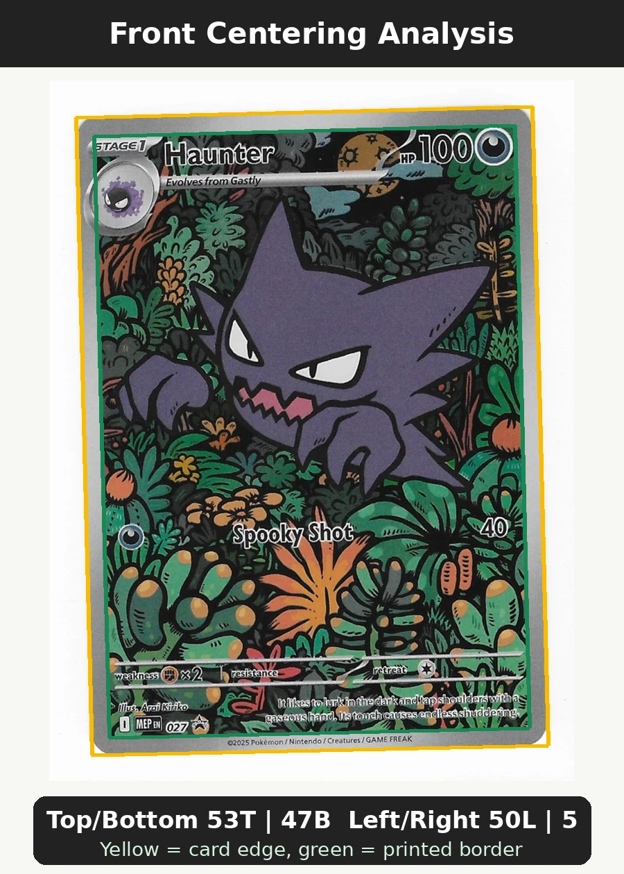 Haunter Mega Evolution front centering analysis showing Top/Bottom 53T | 47B and Left/Right 50L | 50R.