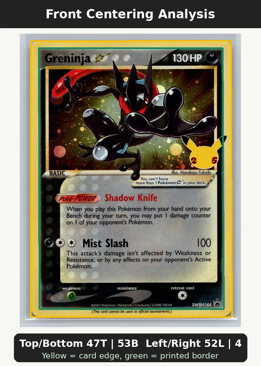 Greninja {star} SWSH144/307 SWSH Black Star Promos front centering analysis showing Top/Bottom 47T | 53B and Left/Right 52L | 48R.