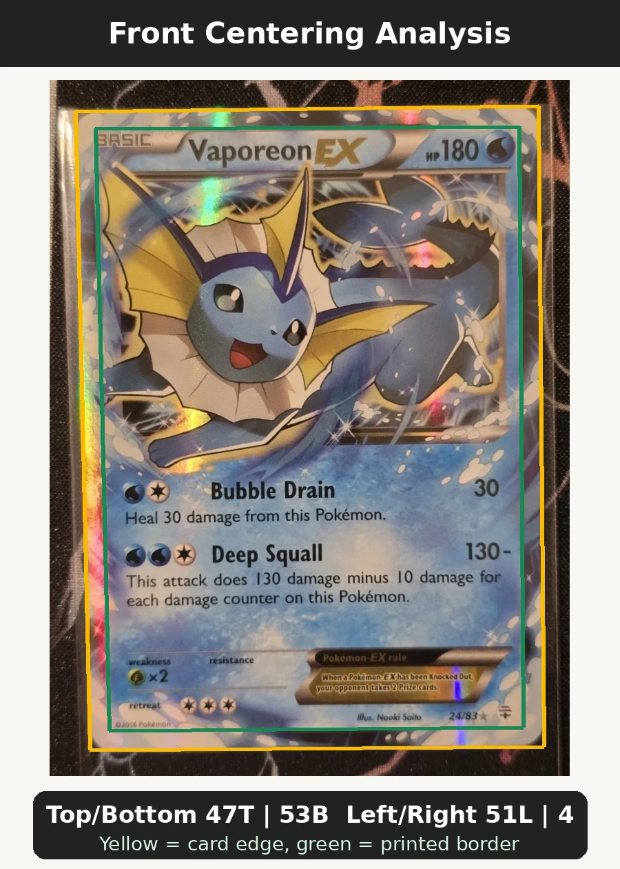 Vaporeon EX 024/83 Generations front centering analysis showing Top/Bottom 47T | 53B and Left/Right 51L | 49R.