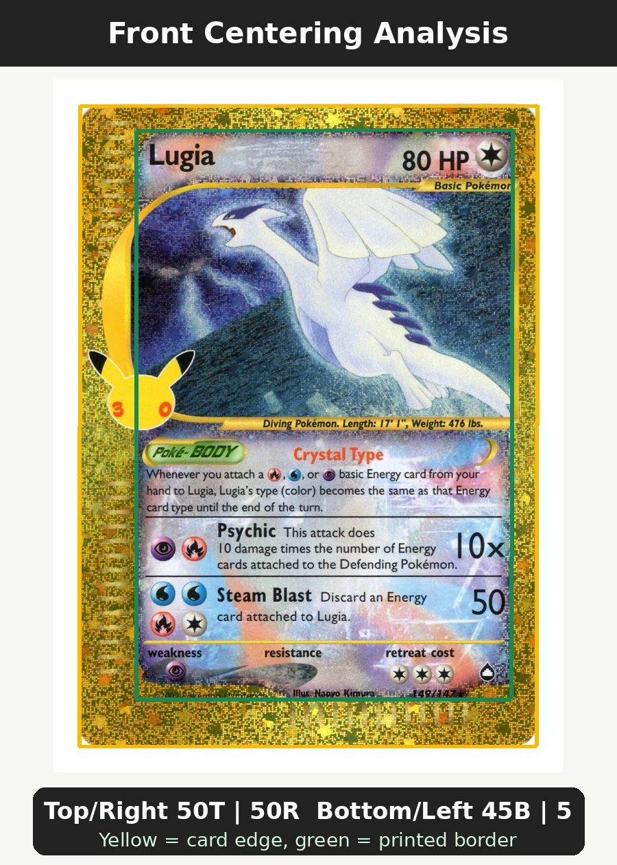 Lugia 149 30th Classic Collection front centering analysis showing Top/Right 50T | 50R and Bottom/Left 45B | 55L.