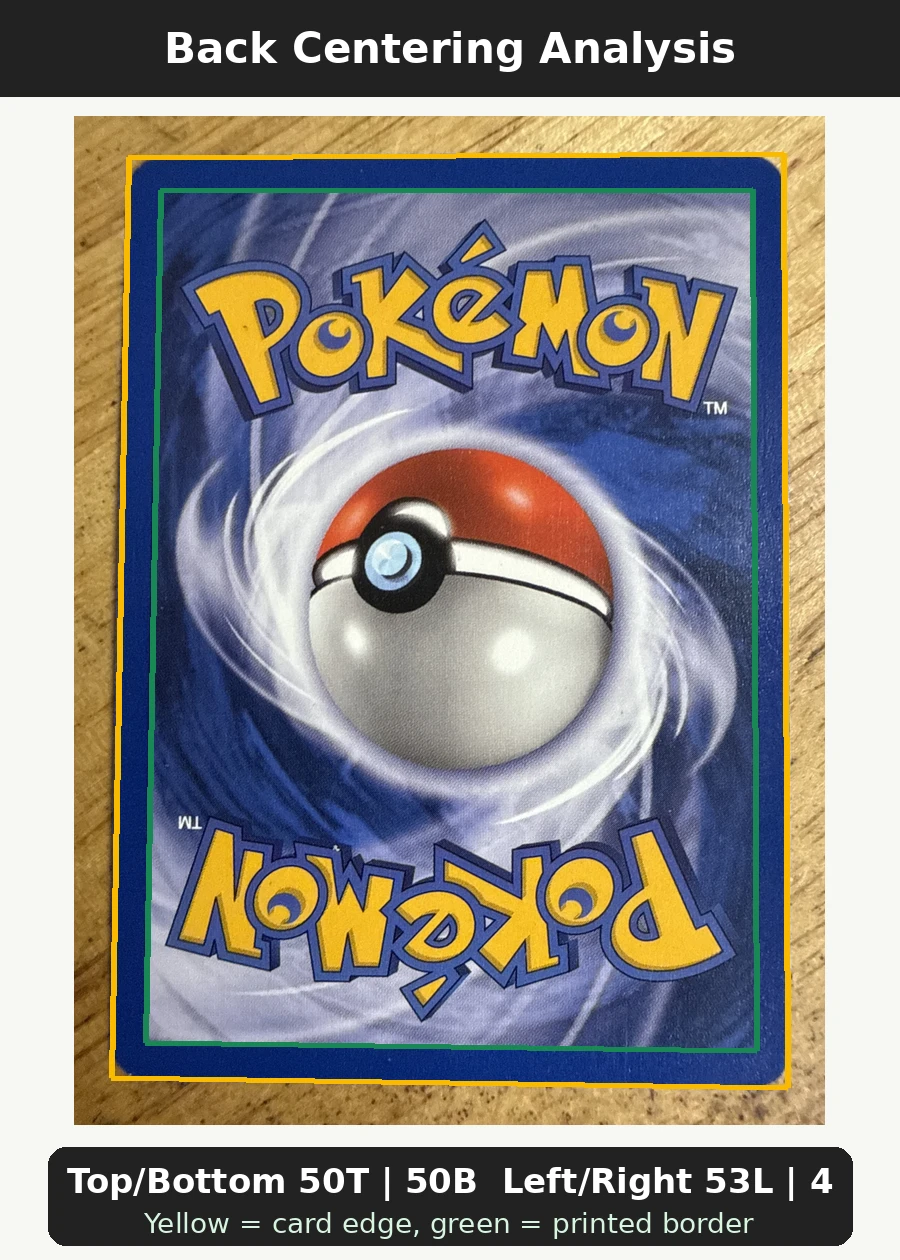 Dark Weezing 031/82 Team Rocket back centering analysis showing Top/Bottom 50T | 50B and Left/Right 53L | 47R.