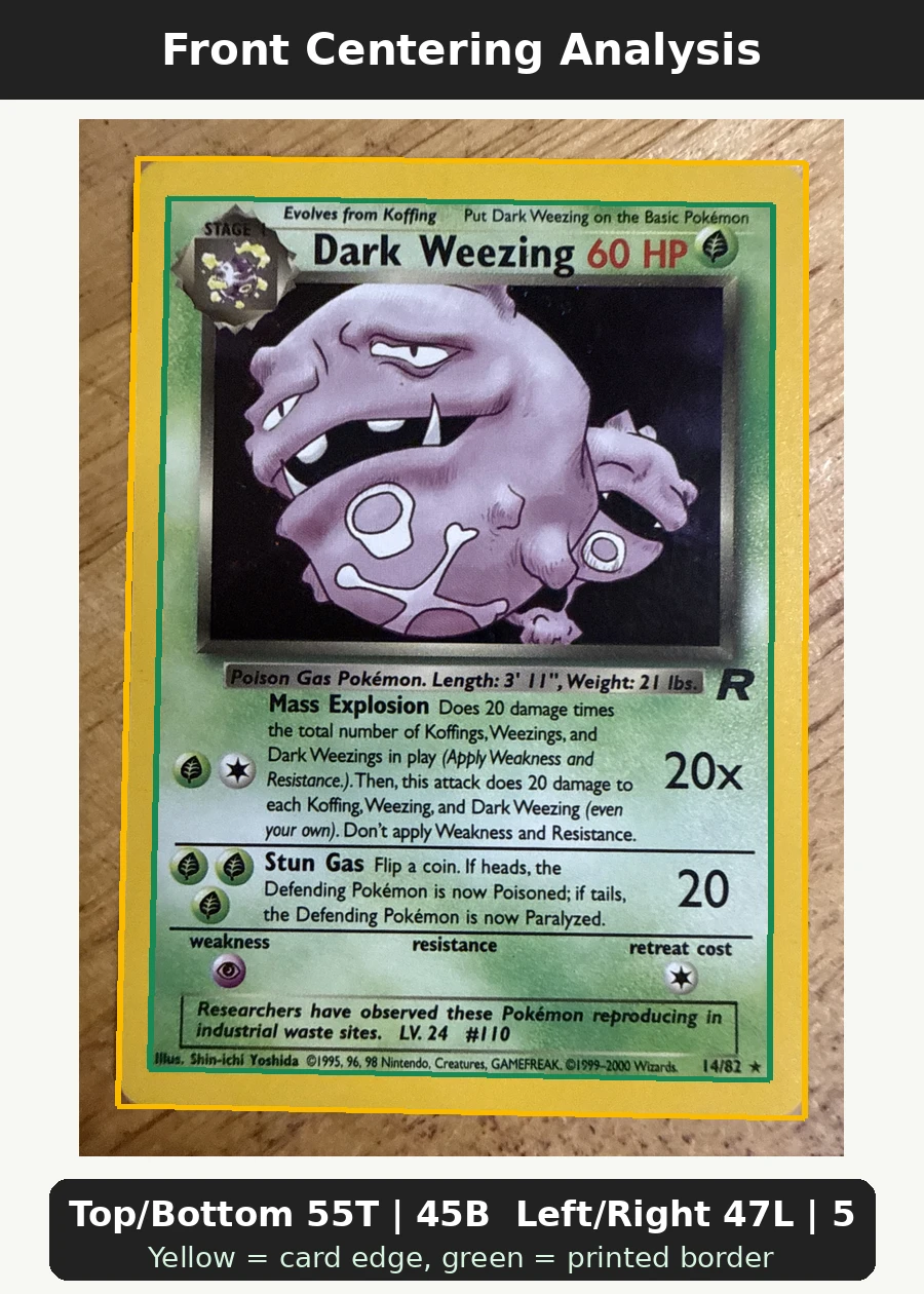 Dark Weezing 031/82 Team Rocket front centering analysis showing Top/Bottom 55T | 45B and Left/Right 47L | 53R.