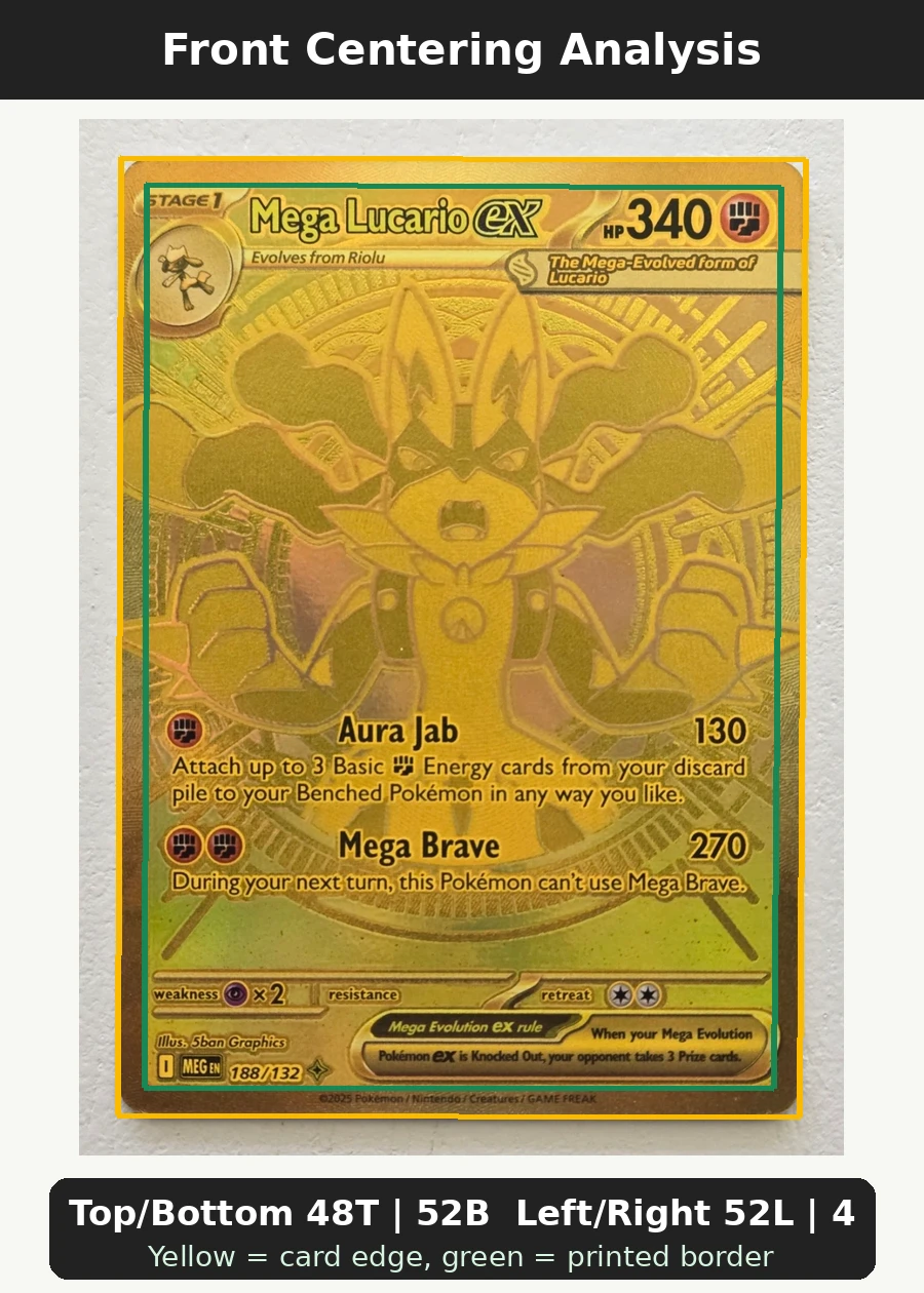 Mega Lucario ex 188/132 Mega Evolution front centering analysis showing Top/Bottom 48T | 52B and Left/Right 52L | 48R.