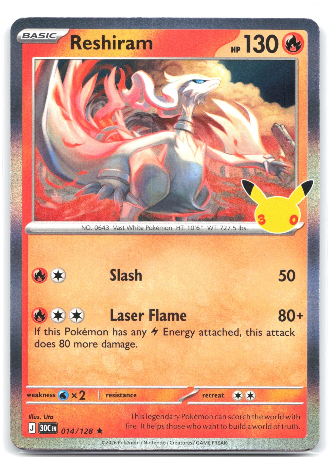 Reshiram 014/128 30th Celebration front card photo in GradeValue pregrading report