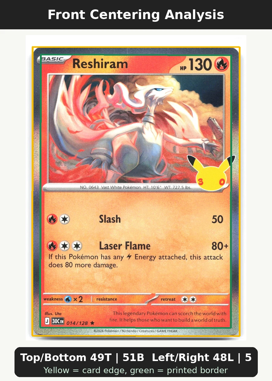 Reshiram 014/128 30th Celebration front centering analysis showing Top/Bottom 49T | 51B and Left/Right 48L | 52R.