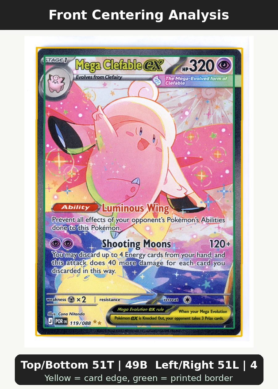 Mega Clefable ex 119/88 Perfect Order front centering analysis showing Top/Bottom 51T | 49B and Left/Right 51L | 49R.