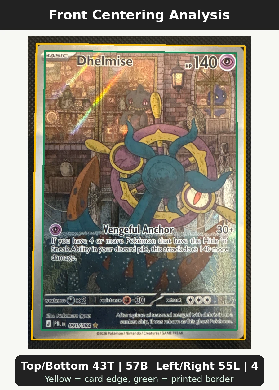 Dhelmise 091/84 Pitch Black front centering analysis showing Top/Bottom 43T | 57B and Left/Right 55L | 45R.