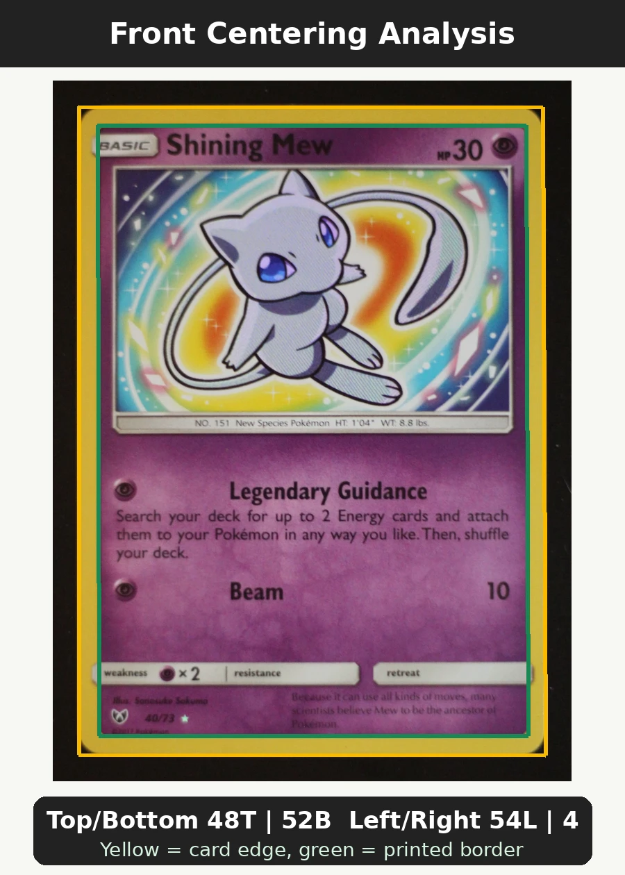 Shining Mew 040/73 Shining Legends front centering analysis showing Top/Bottom 48T | 52B and Left/Right 54L | 46R.