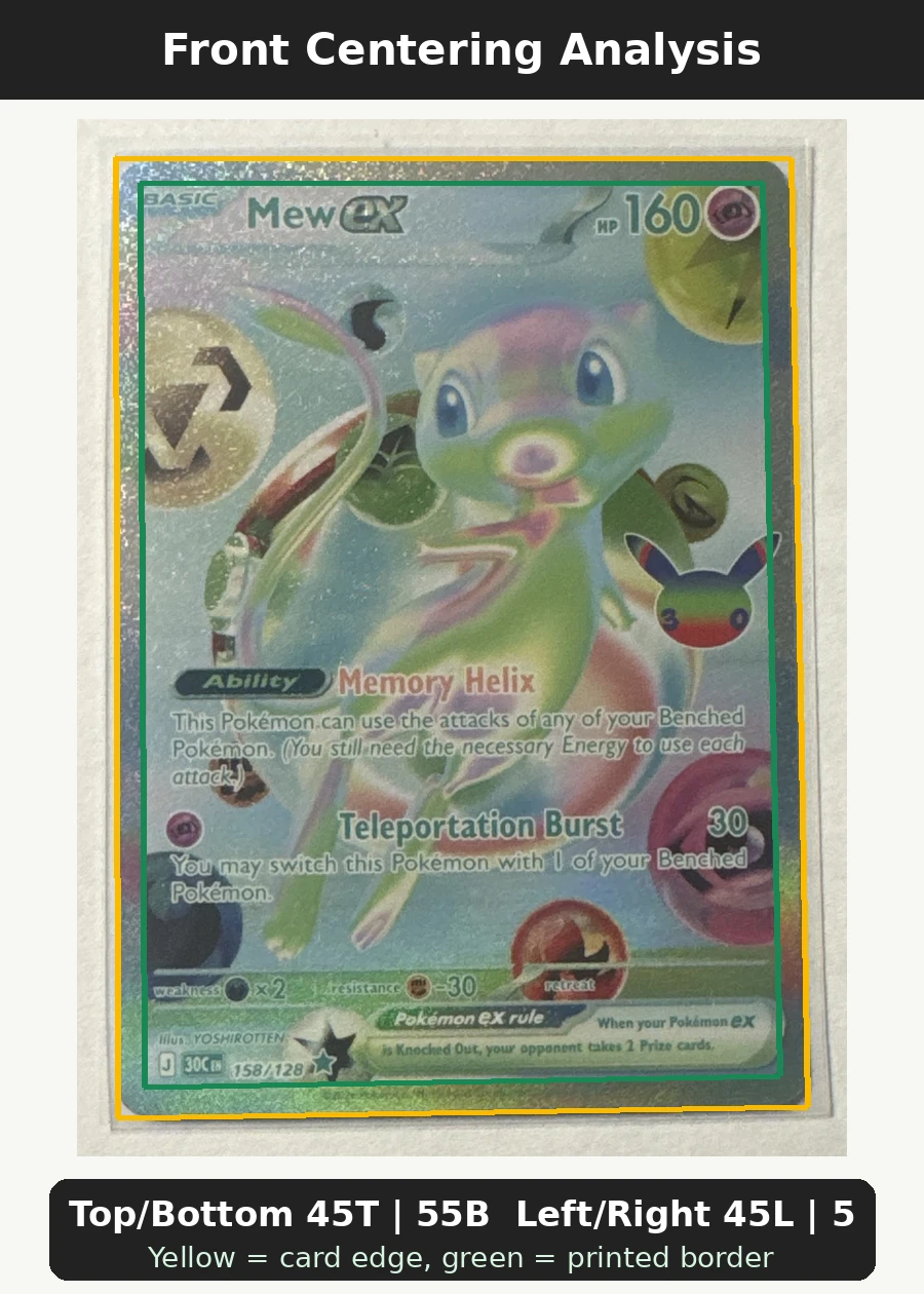 Mew ex 158/128 30th Celebration front centering analysis showing Top/Bottom 45T | 55B and Left/Right 45L | 55R.