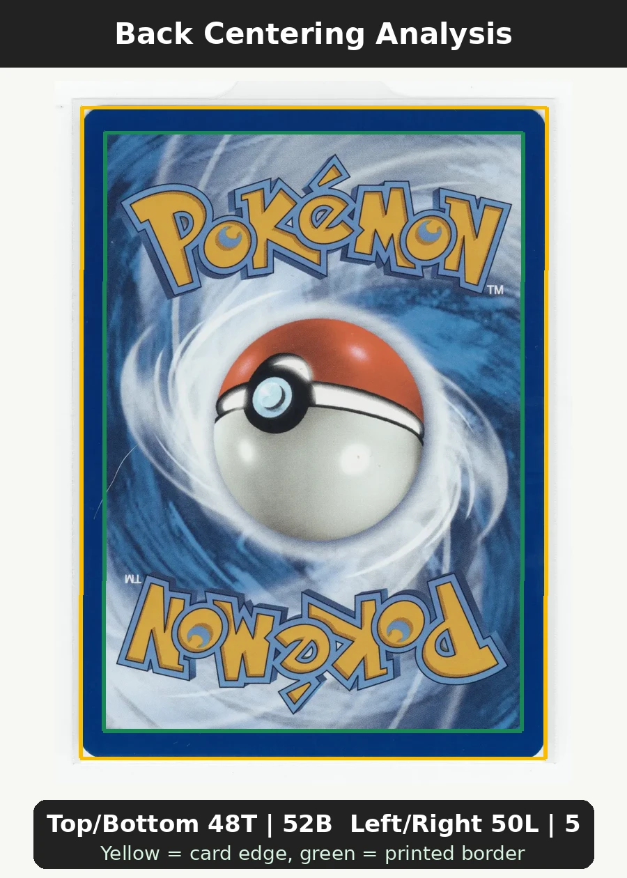Misty's Psyduck 193/182 Destined Rivals back centering analysis showing Top/Bottom 48T | 52B and Left/Right 50L | 50R.