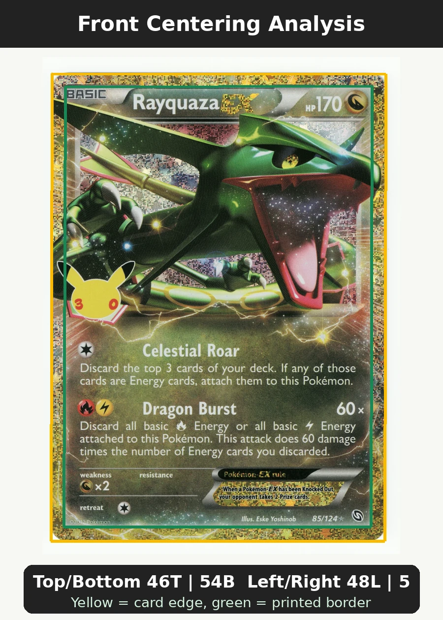 Rayquaza EX 085 30th Classic Collection front centering analysis showing Top/Bottom 46T | 54B and Left/Right 48L | 52R.