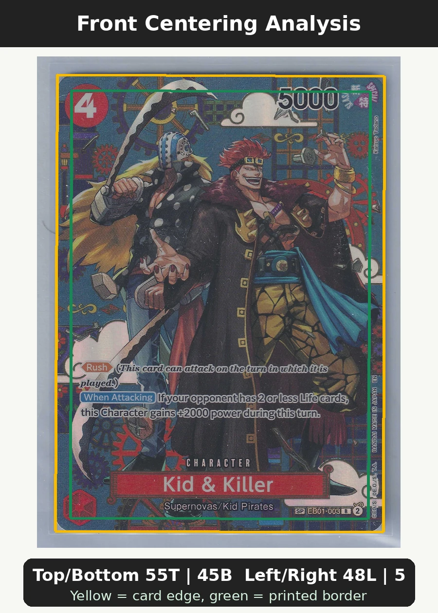 Kid & Killer (EB01-003) EB01-003 One Piece Promotion Cards front centering analysis showing Top/Bottom 55T | 45B and Left/Right 48L | 52R.