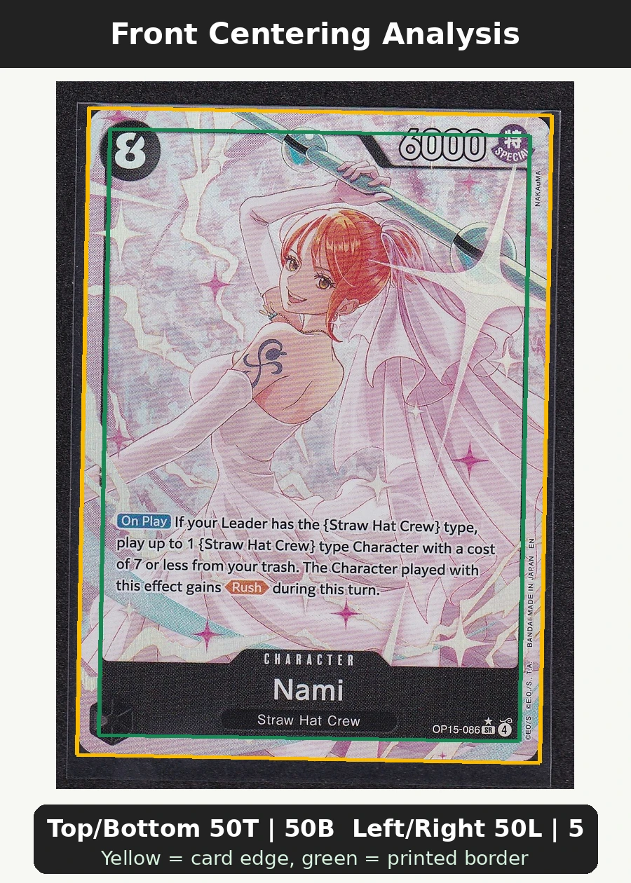 Nami (OP15-086) · Alternate Art OP15-086 Adventure on Kami's Island front centering analysis showing Top/Bottom 50T | 50B and Left/Right 50L | 50R.