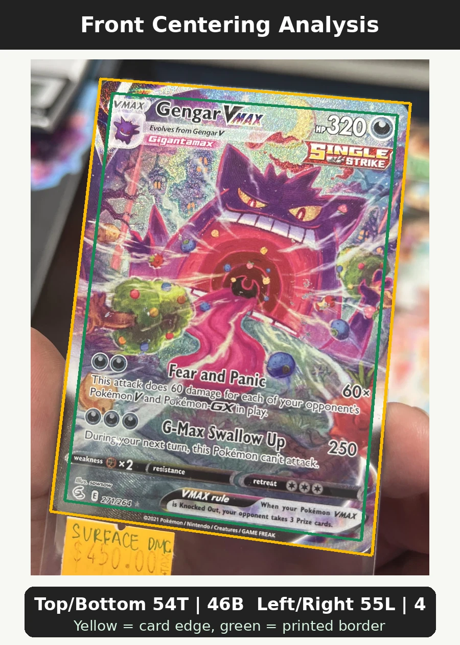 Gengar VMAX 271/264 Fusion Strike front centering analysis showing Top/Bottom 54T | 46B and Left/Right 55L | 45R.