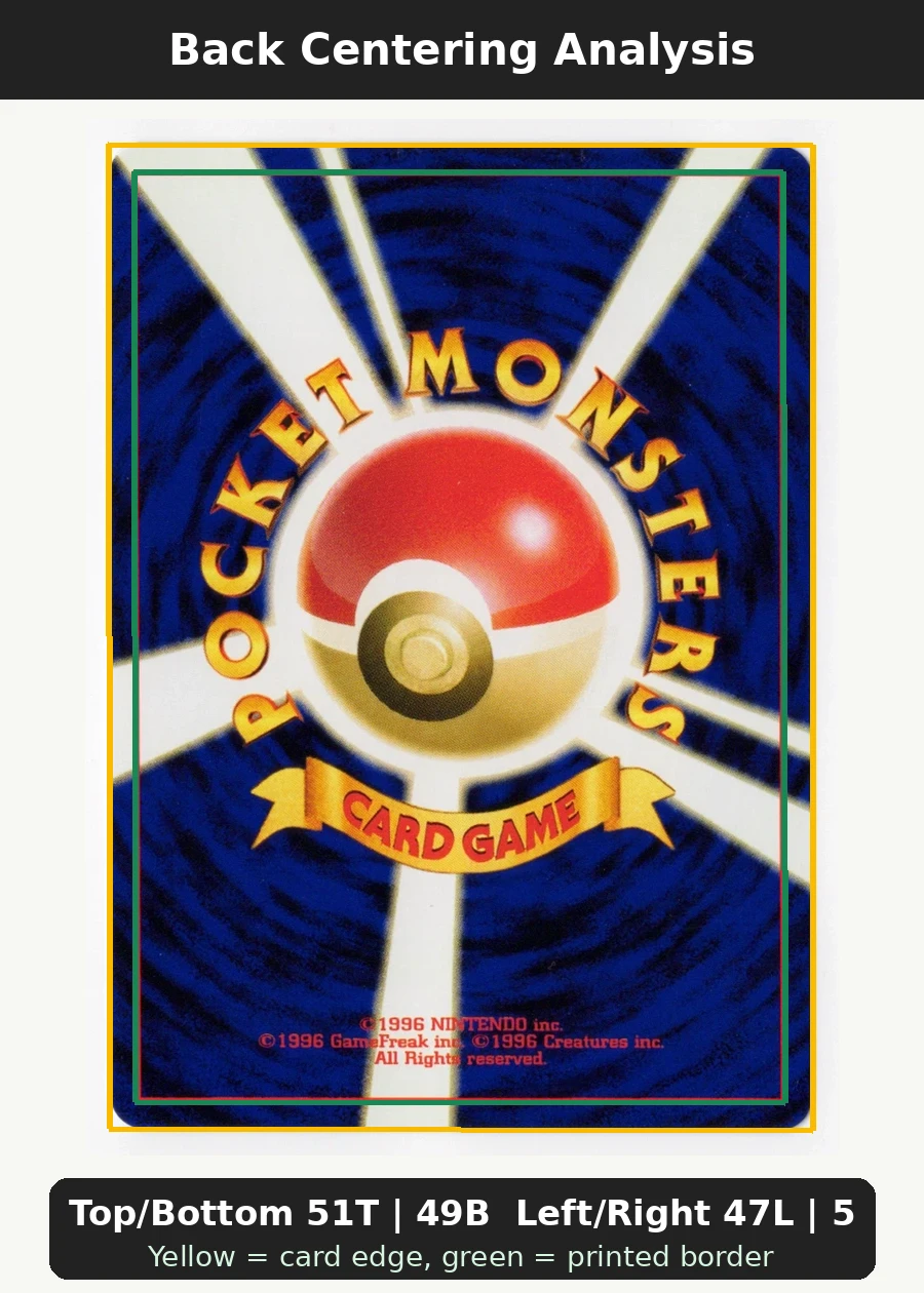 Pichu 035/53 Wizards Black Star Promos back centering analysis showing Top/Bottom 51T | 49B and Left/Right 47L | 53R.