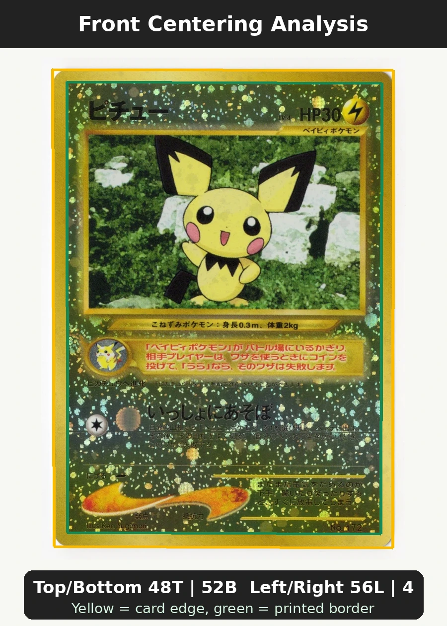 Pichu 035/53 Wizards Black Star Promos front centering analysis showing Top/Bottom 48T | 52B and Left/Right 56L | 44R.