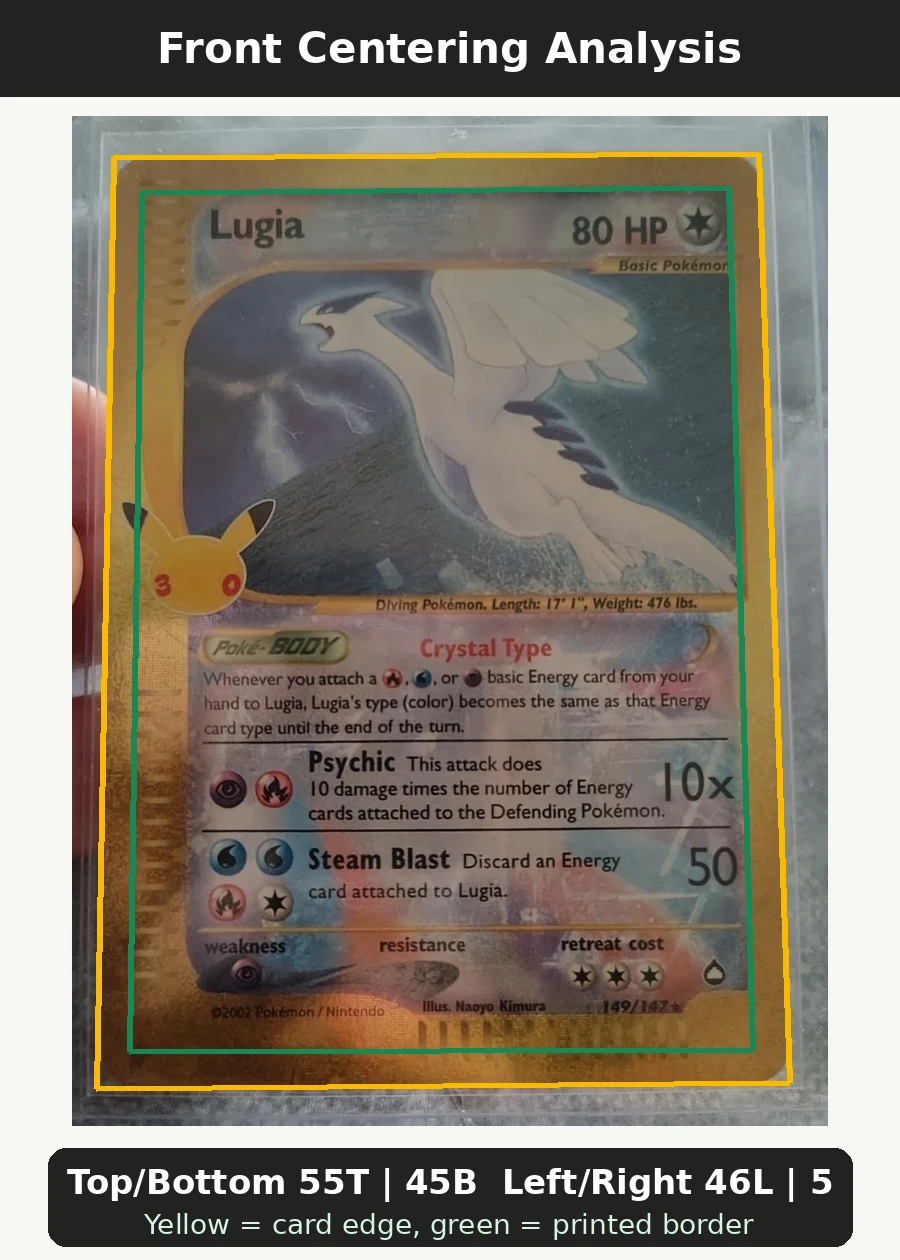 Lugia 149 30th Classic Collection front centering analysis showing Top/Bottom 55T | 45B and Left/Right 46L | 54R.