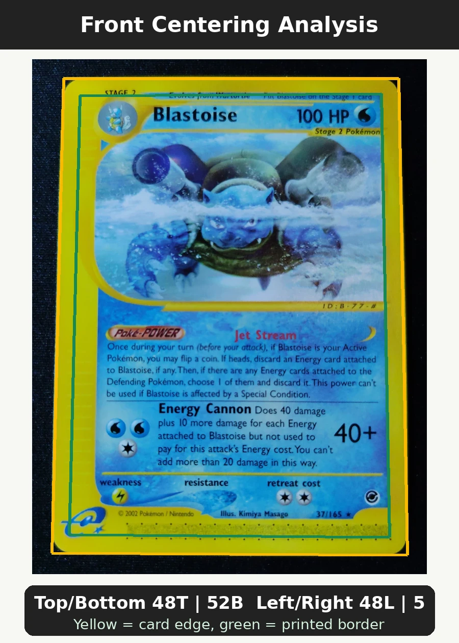 Blastoise 037/165 Expedition Base Set front centering analysis showing Top/Bottom 48T | 52B and Left/Right 48L | 52R.