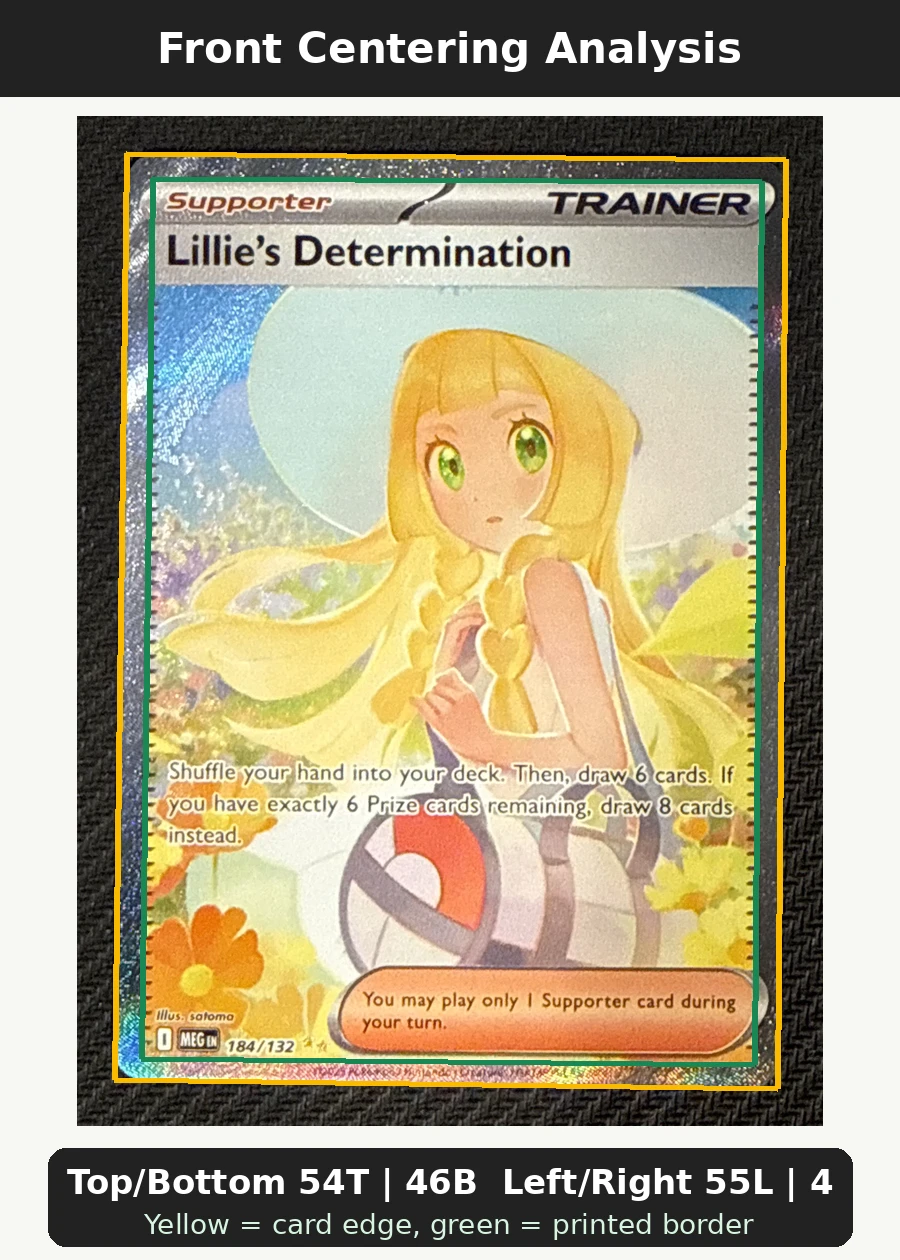 Lillie's Determination 184/132 Mega Evolution front centering analysis showing Top/Bottom 54T | 46B and Left/Right 55L | 45R.
