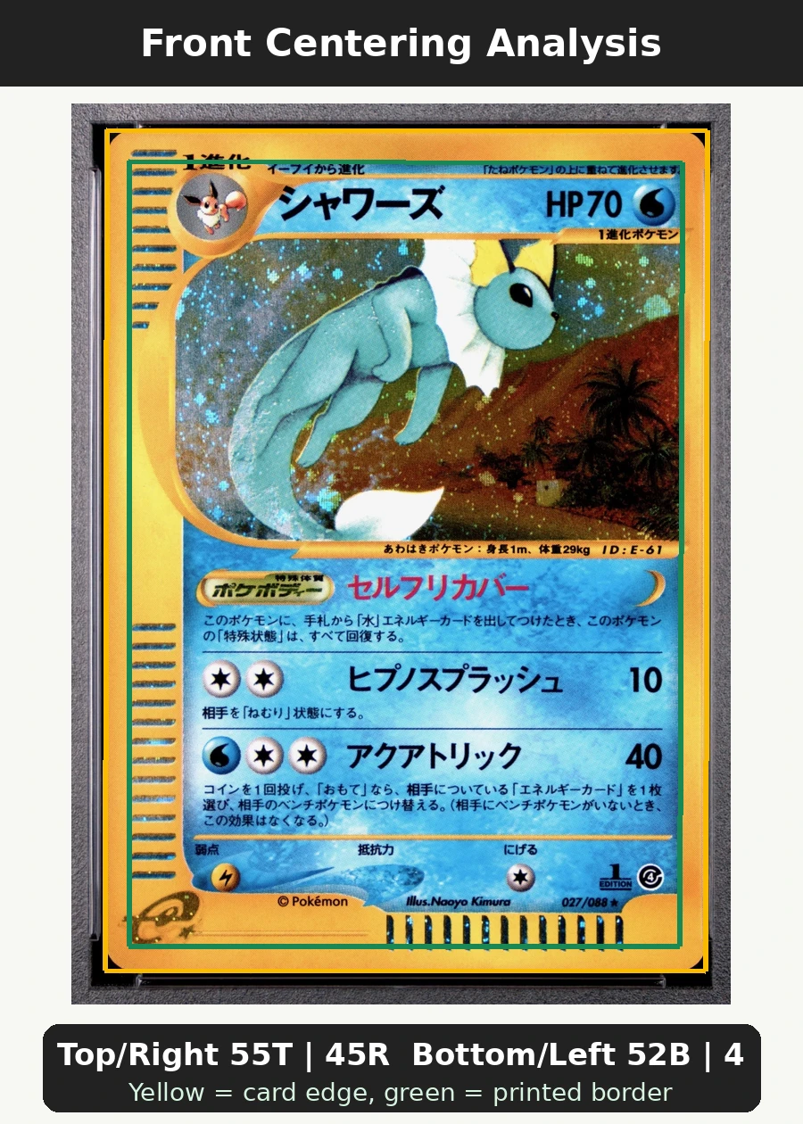 Vaporeon 027/88 Split Earth front centering analysis showing Top/Right 55T | 45R and Bottom/Left 52B | 48L.
