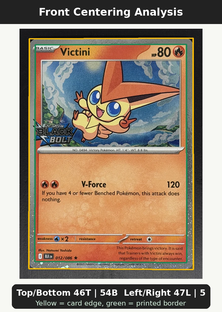 Victini 012/86 Black Bolt front centering analysis showing Top/Bottom 46T | 54B and Left/Right 47L | 53R.