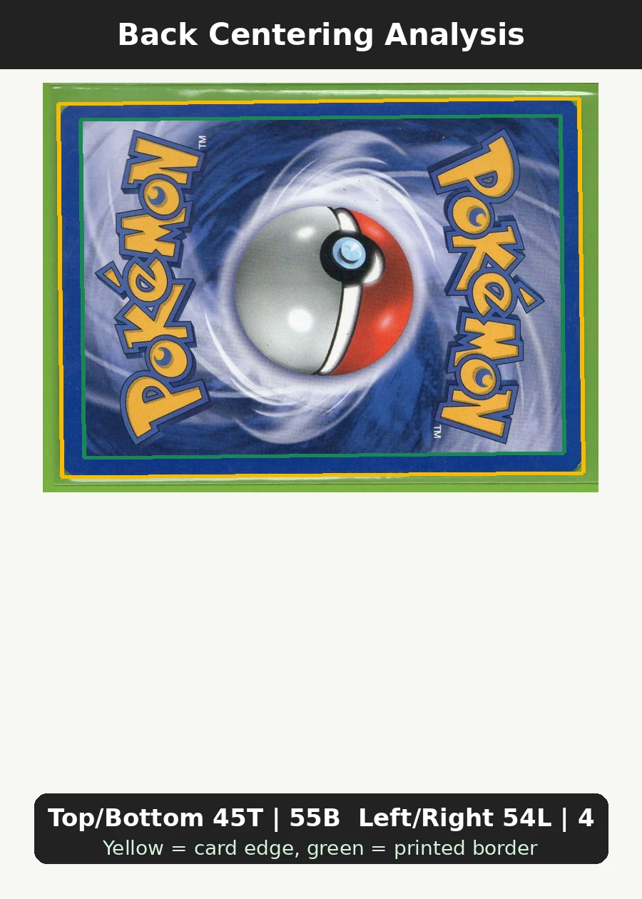 Entei 006/64 Neo Revelation back centering analysis showing Top/Bottom 45T | 55B and Left/Right 54L | 46R.