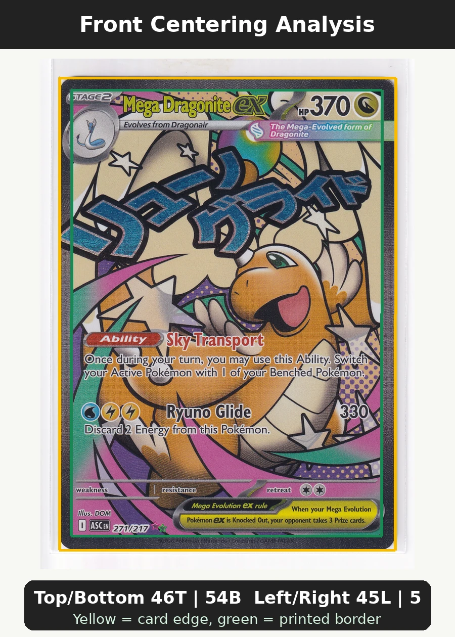 Mega Dragonite ex 271/217 Ascended Heroes front centering analysis showing Top/Bottom 46T | 54B and Left/Right 45L | 55R.