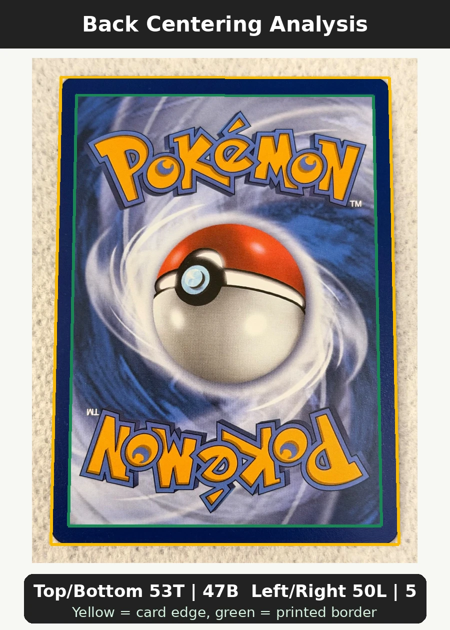 Charizard 004 30th Classic Collection back centering analysis showing Top/Bottom 53T | 47B and Left/Right 50L | 50R.