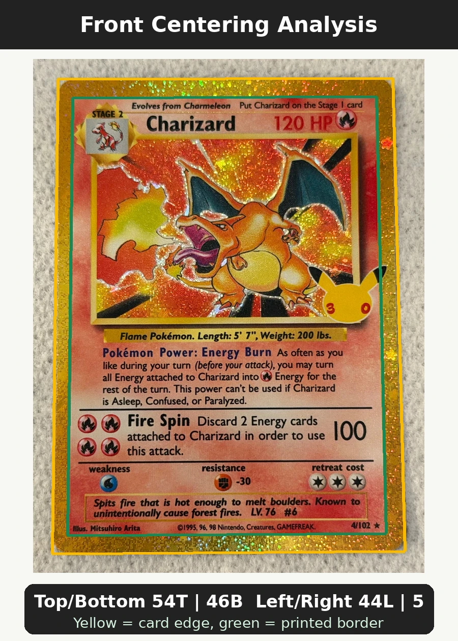 Charizard 004 30th Classic Collection front centering analysis showing Top/Bottom 54T | 46B and Left/Right 44L | 56R.