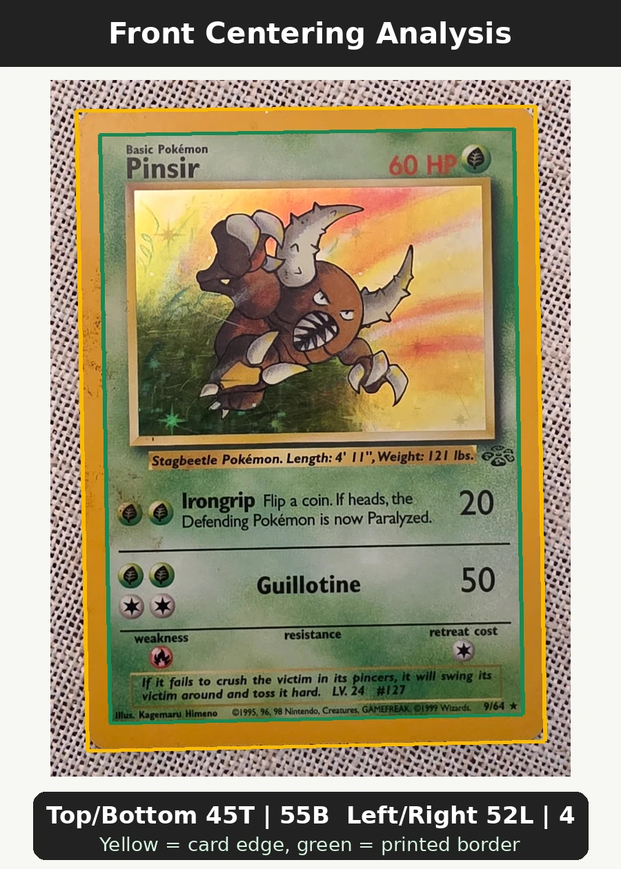Pinsir 009/64 Jungle front centering analysis showing Top/Bottom 45T | 55B and Left/Right 52L | 48R.
