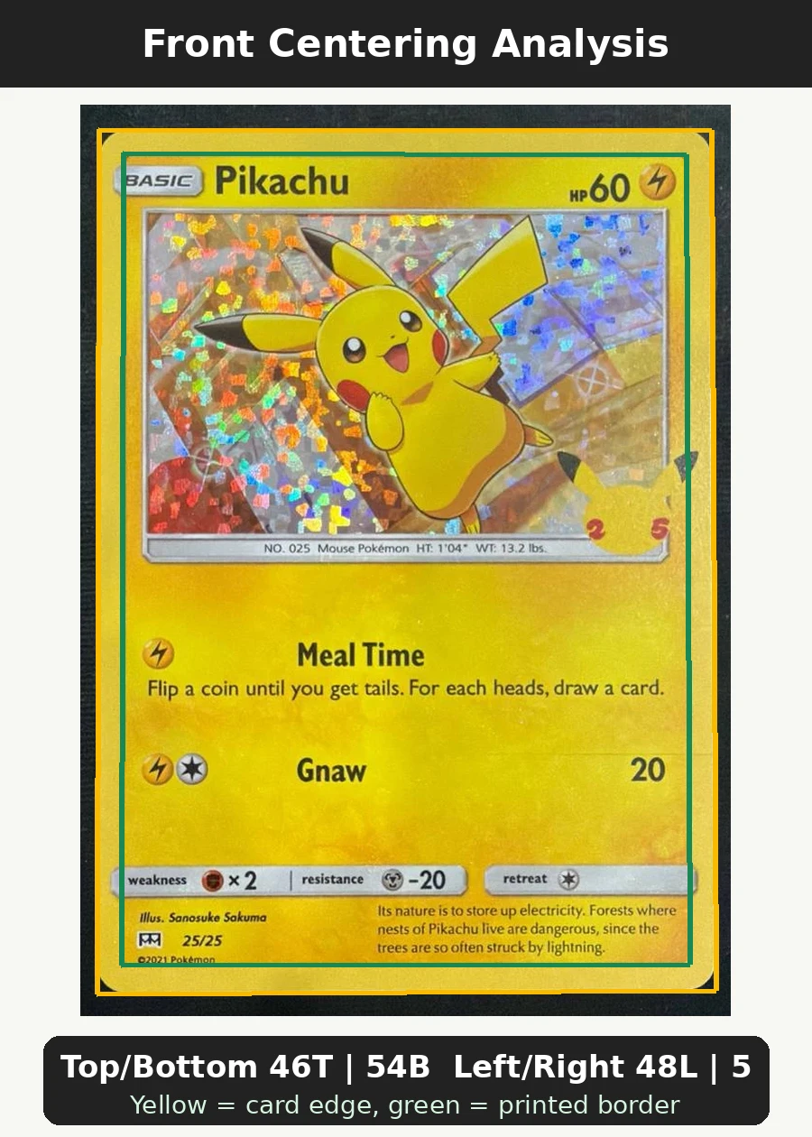Pikachu 025/25 McDonald's Collection 2021 front centering analysis showing Top/Bottom 46T | 54B and Left/Right 48L | 52R.