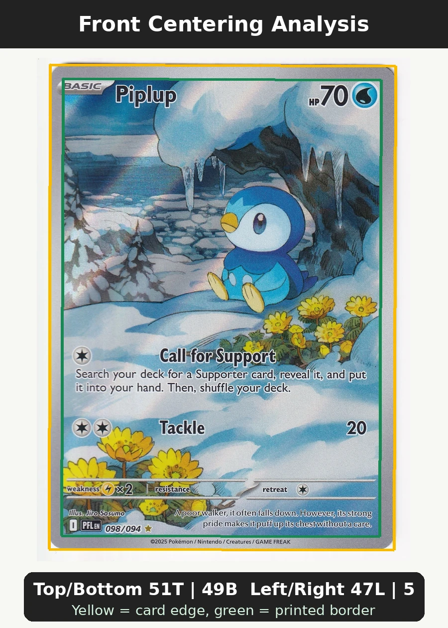 Piplup 098/94 Phantasmal Flames front centering analysis showing Top/Bottom 51T | 49B and Left/Right 47L | 53R.