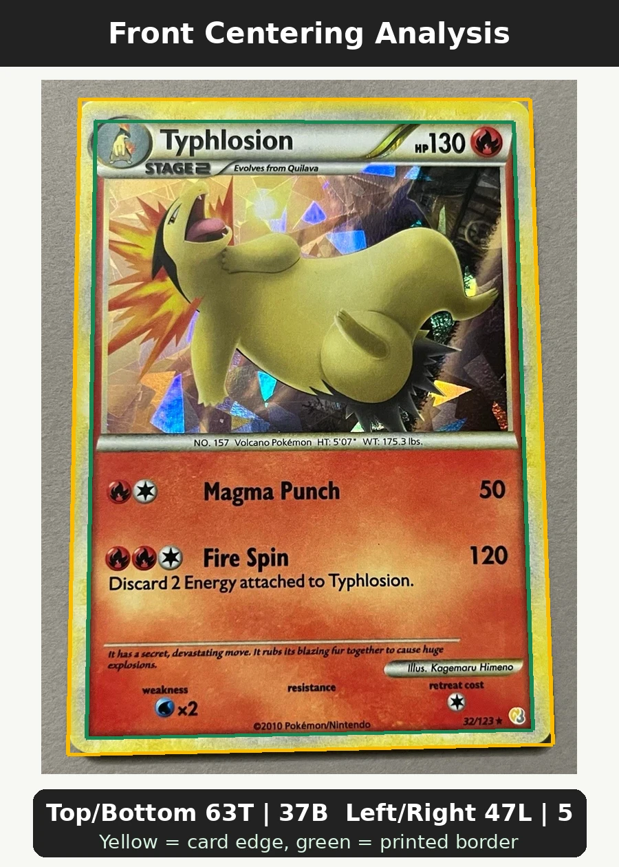 Typhlosion 032/123 HeartGold SoulSilver front centering analysis showing Top/Bottom 63T | 37B and Left/Right 47L | 53R.