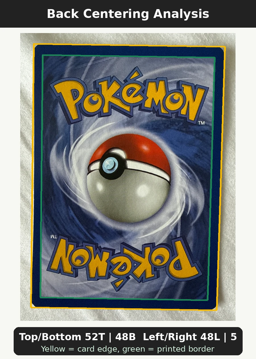 Mewtwo 014/53 Wizards Black Star Promos back centering analysis showing Top/Bottom 52T | 48B and Left/Right 48L | 52R.