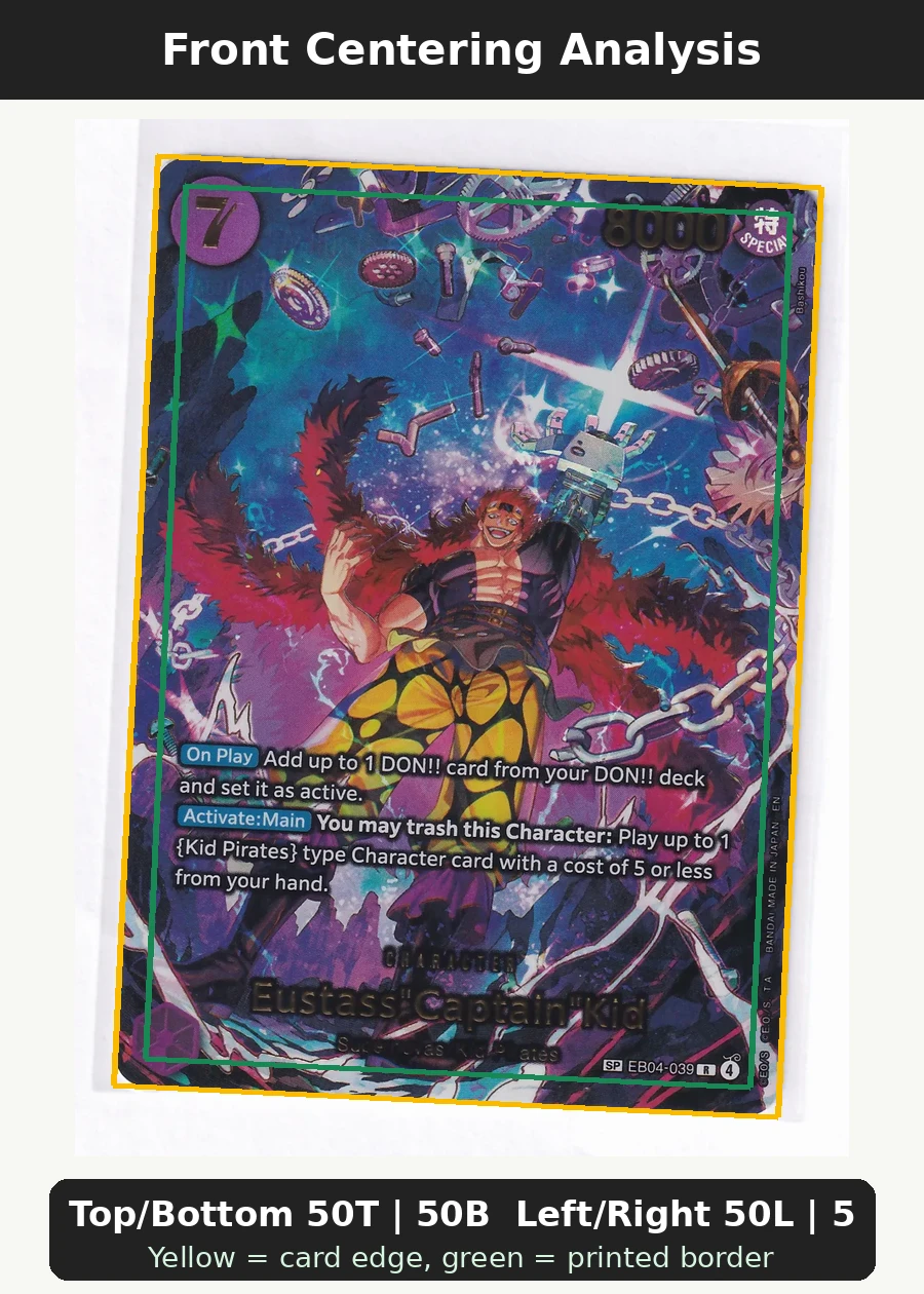 Eustass"Captain"Kid (EB04-039) EB04-039 The Azure Sea's Seven front centering analysis showing Top/Bottom 50T | 50B and Left/Right 50L | 50R.