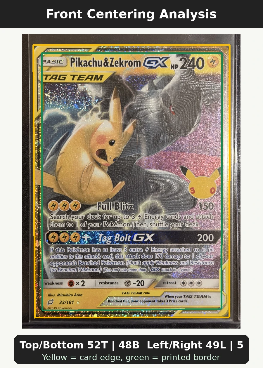 Pikachu & Zekrom GX 033 30th Classic Collection front centering analysis showing Top/Bottom 52T | 48B and Left/Right 49L | 51R.