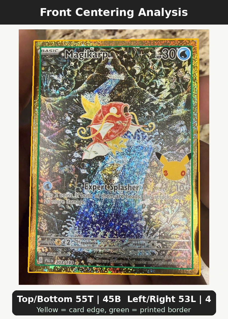 Magikarp 203 30th Classic Collection front centering analysis showing Top/Bottom 55T | 45B and Left/Right 53L | 47R.
