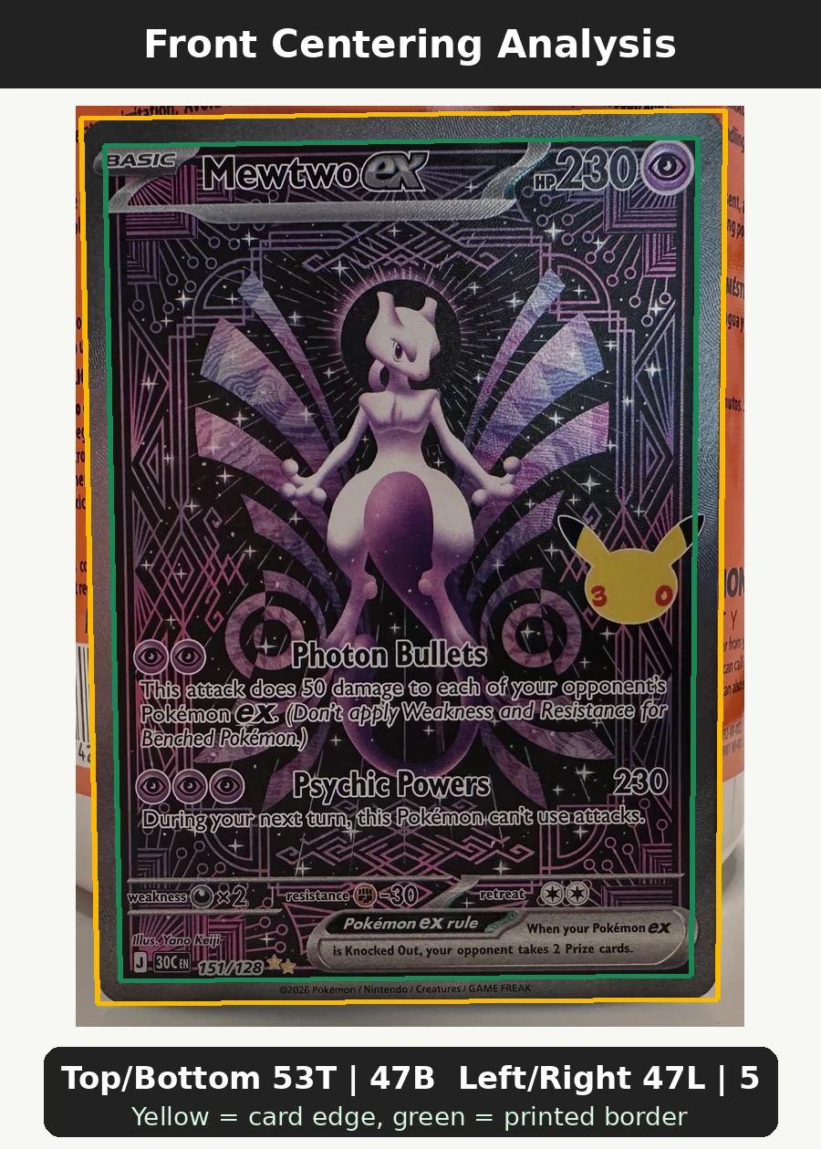 Mewtwo ex 151/128 30th Celebration front centering analysis showing Top/Bottom 53T | 47B and Left/Right 47L | 53R.