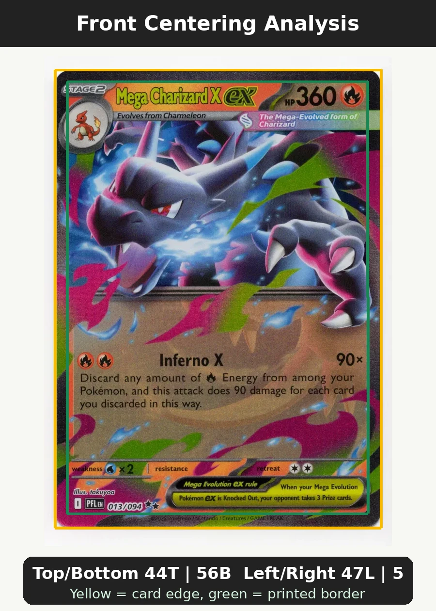 Mega Charizard X ex 013/94 Phantasmal Flames front centering analysis showing Top/Bottom 44T | 56B and Left/Right 47L | 53R.