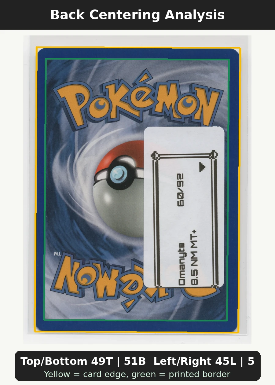 Omanyte 060/92 (Reverse Holo) Legend Maker back centering analysis showing Top/Bottom 49T | 51B and Left/Right 45L | 55R.